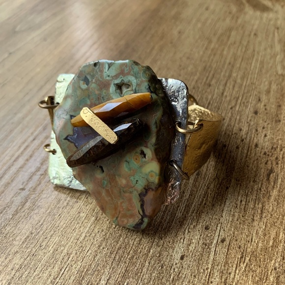 J. Jansen Jewelry - J. Jansen Modernist Bracelet Artisan Brutalist 24k Gold Stone Silver Cuff